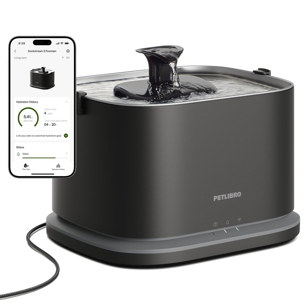 PETLIBRO Upgrade Katze Wasserbrunnen, Dockstream 2 Smart App Überwachung Haustier Wasserbrunnen für Katzen Innen, 3L/2,863.3 g Katzenbrunnen Edelstahl Tablett zum Trinken, 5G WiFi Auto Katze