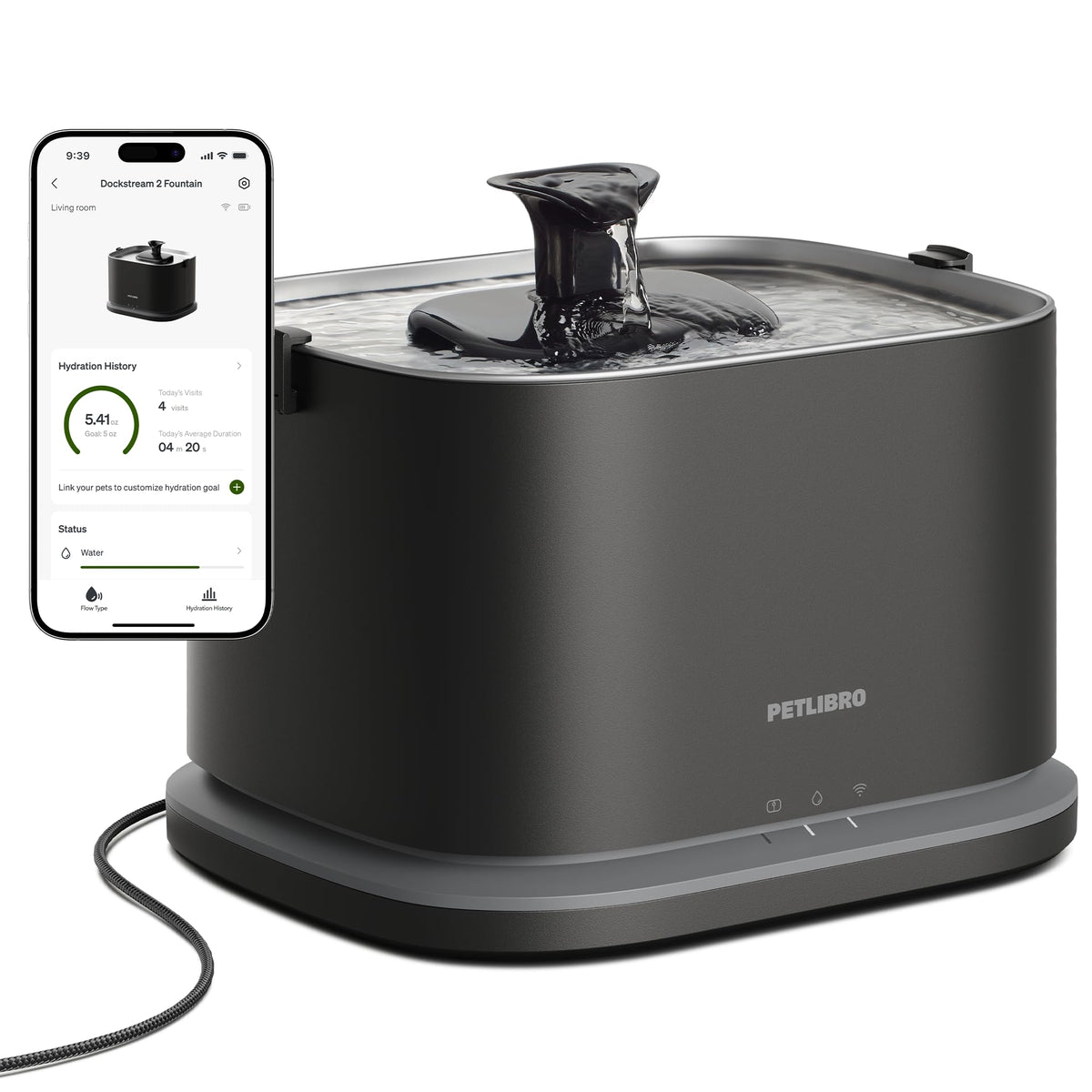 PETLIBRO Upgrade Katze Wasserbrunnen, Dockstream 2 Smart App Überwachung Haustier Wasserbrunnen für Katzen Innen, 3L/2,863.3 g Katzenbrunnen Edelstahl Tablett zum Trinken, 5G WiFi Auto Katze