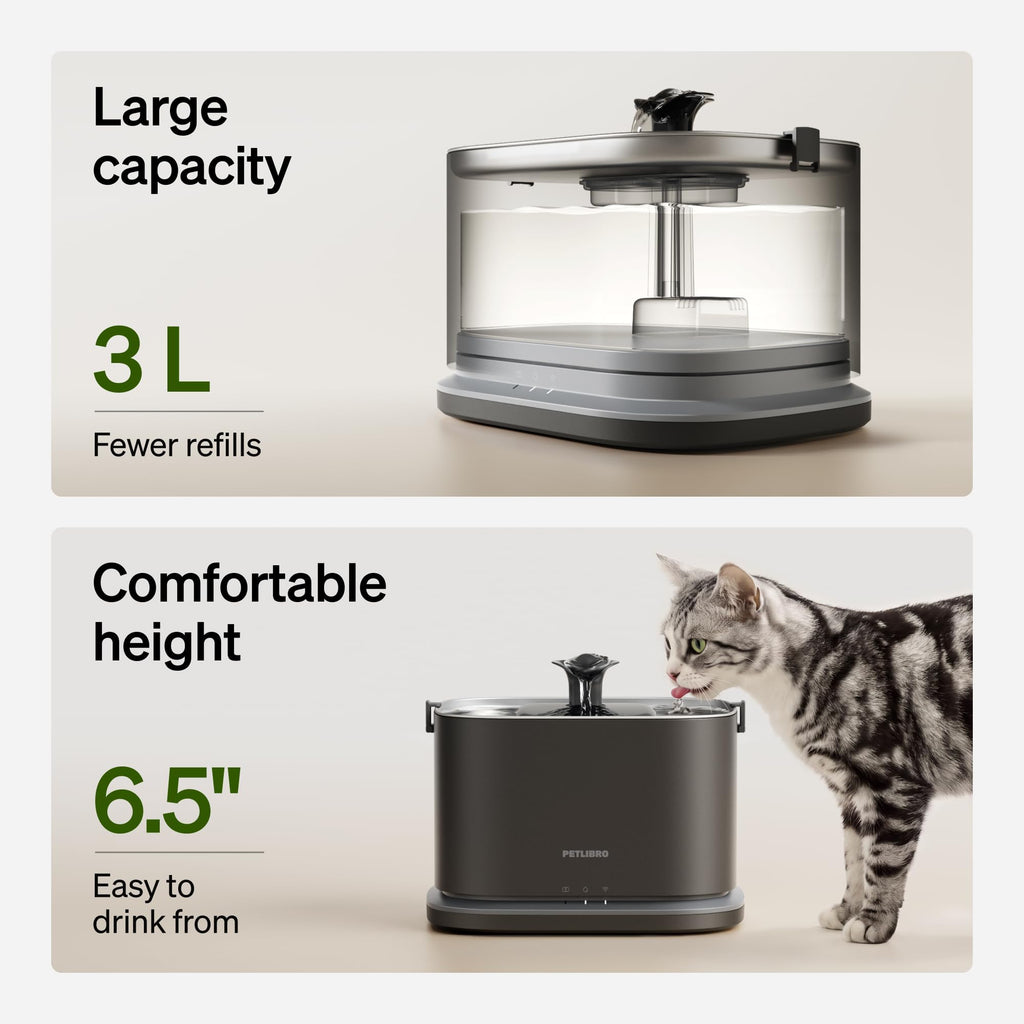 PETLIBRO Upgrade Katze Wasserbrunnen, Dockstream 2 Smart App Überwachung Haustier Wasserbrunnen für Katzen Innen, 3L/2,863.3 g Katzenbrunnen Edelstahl Tablett zum Trinken, 5G WiFi Auto Katze