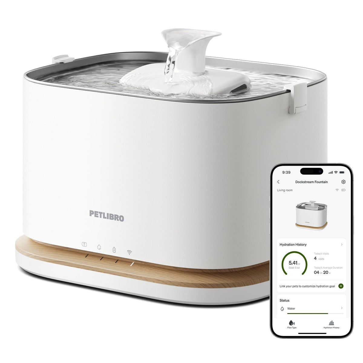 PETLIBRO Upgrade Katze Wasserbrunnen, Kabelloser Katzenbrunnen Batteriebetrieben, App Überwachung 3L/2,863.3 g Dockstream 2 Haustier Wasserbrunnen mit Edelstahlschale, 5GHz WiFi Hund Wassernapfspender